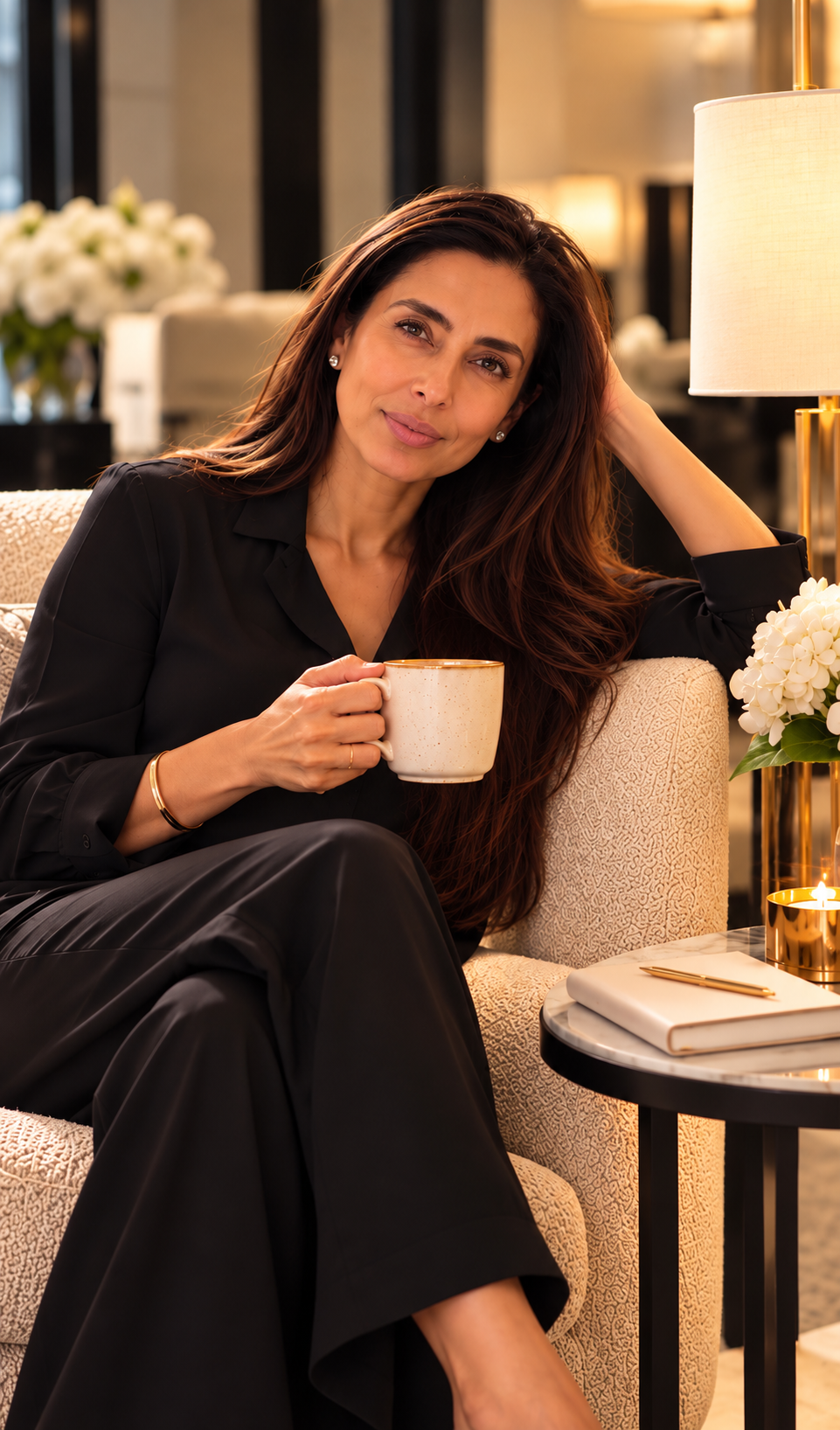 Saloni Patel in a black blouse, seated in an armchair holding a coffee mug