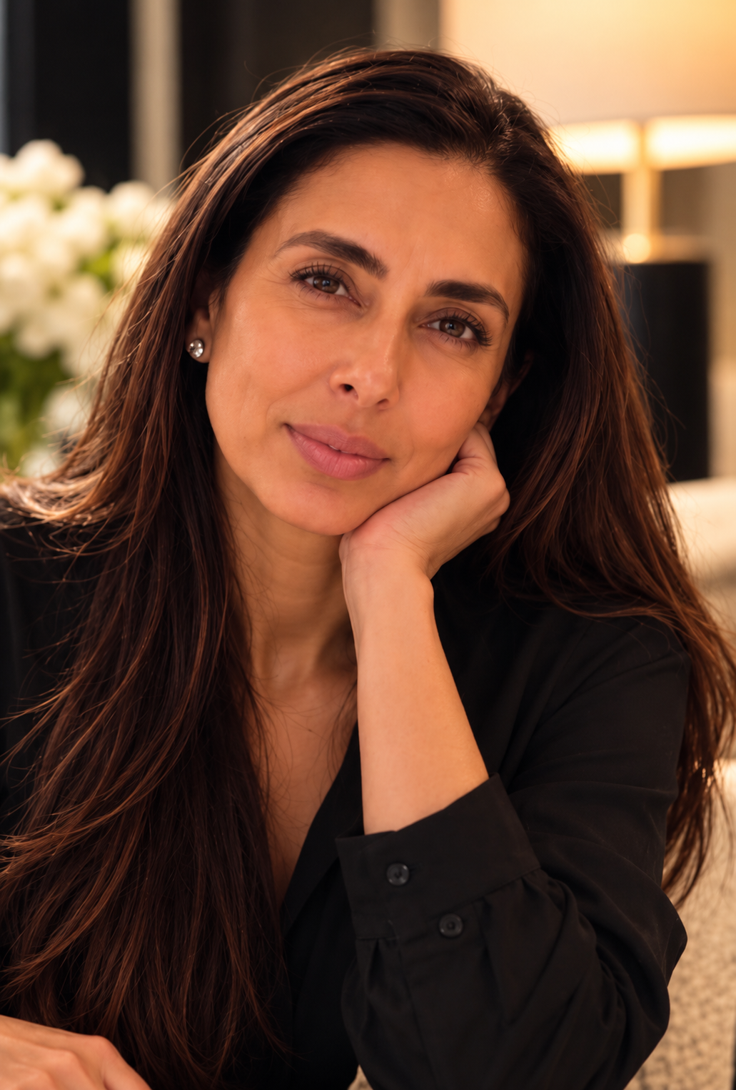 Saloni Patel in black, resting her cheek on her hand and looking towards the camera